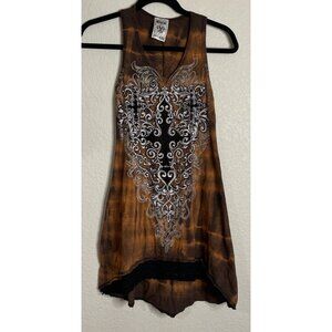 Vintage Y2K Vocal Womens Small Brown Rhinestone Tank Top‎ Lace Trim Grunge Dark